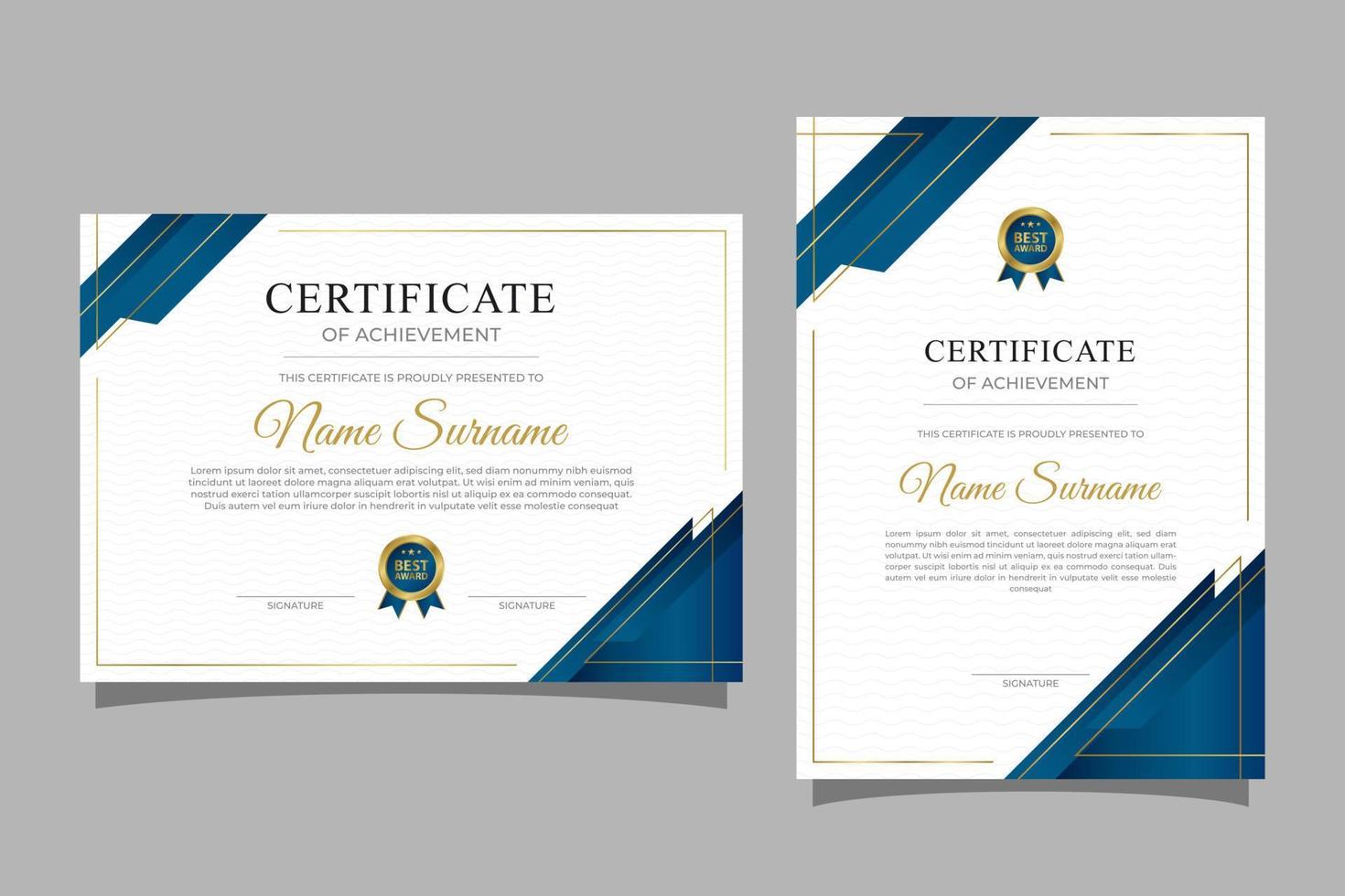 modern blå certifikat med bricka och gräns för företag och diplom mall vektor