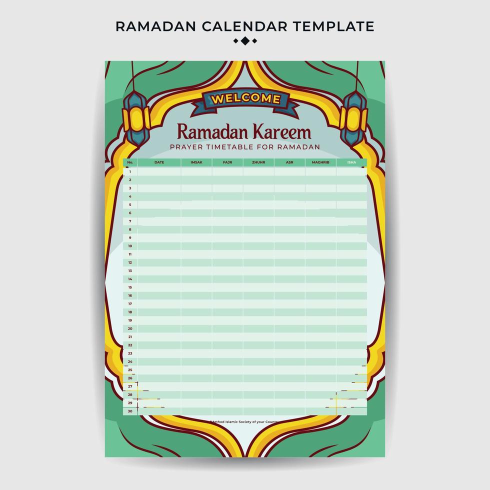 eben Ramadan Kalender Zeitplan Vorlage mit Hand gezeichnet islamisch Illustration Ornament vektor