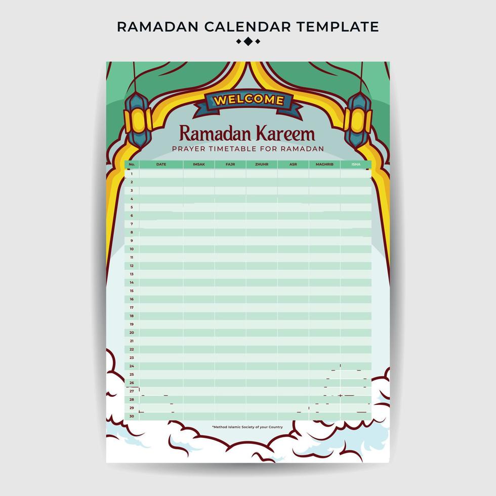 platt ramadan kalender schema mall med hand dragen islamic illustration prydnad vektor