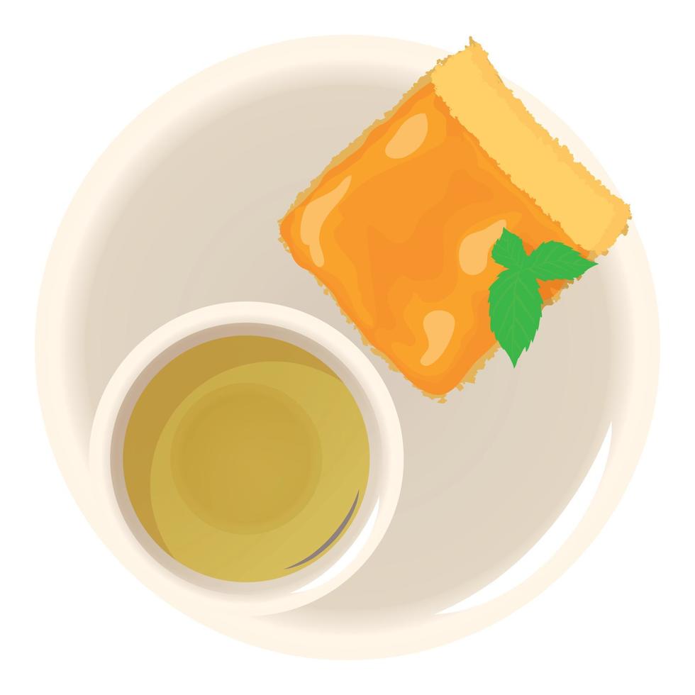 Aprikose Käsekuchen Symbol isometrisch Vektor. hausgemacht Aprikose Kuchen und Kraut Tee Tasse vektor