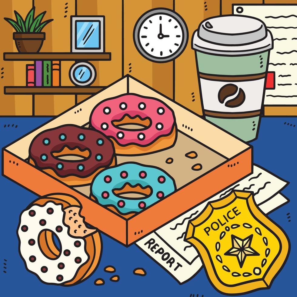 Polizei Abzeichen, Donuts, Kaffee farbig Karikatur vektor