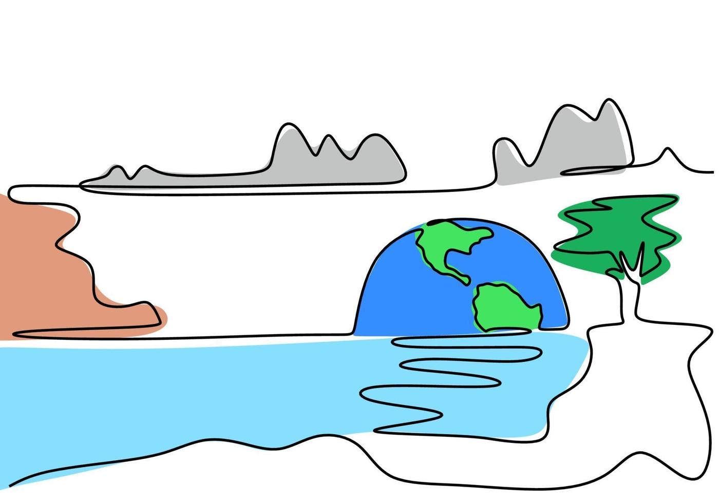 en kontinuerlig linjeteckning av jordplaneten med vacker naturlig vy. växter växer i planetjorden eko miljö koncept design skiss teckning vektor illustration konst på vit bakgrund