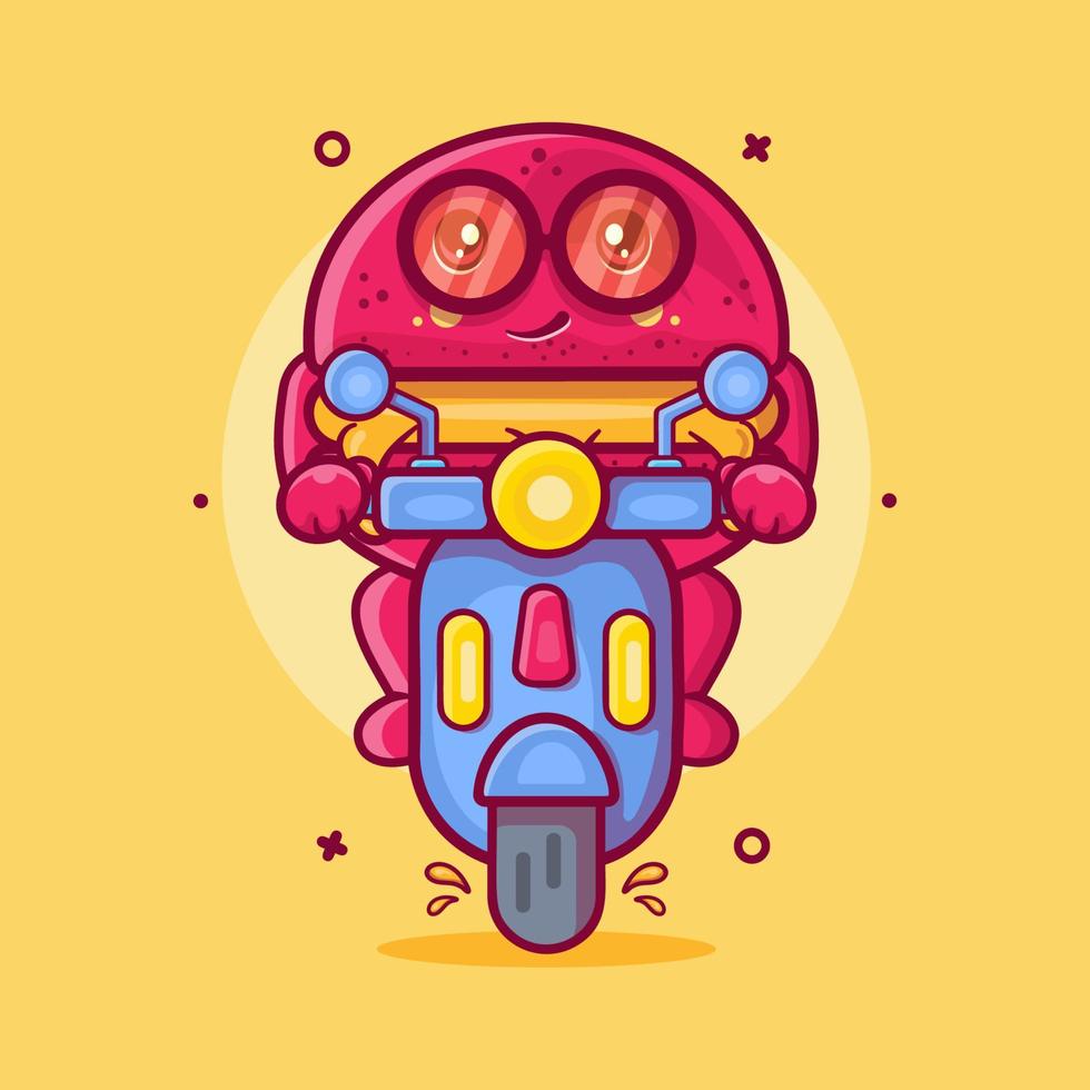 cool Macaron Bäckerei Charakter Maskottchen mit Reiten Roller Motorrad isoliert Karikatur im eben Stil Design vektor