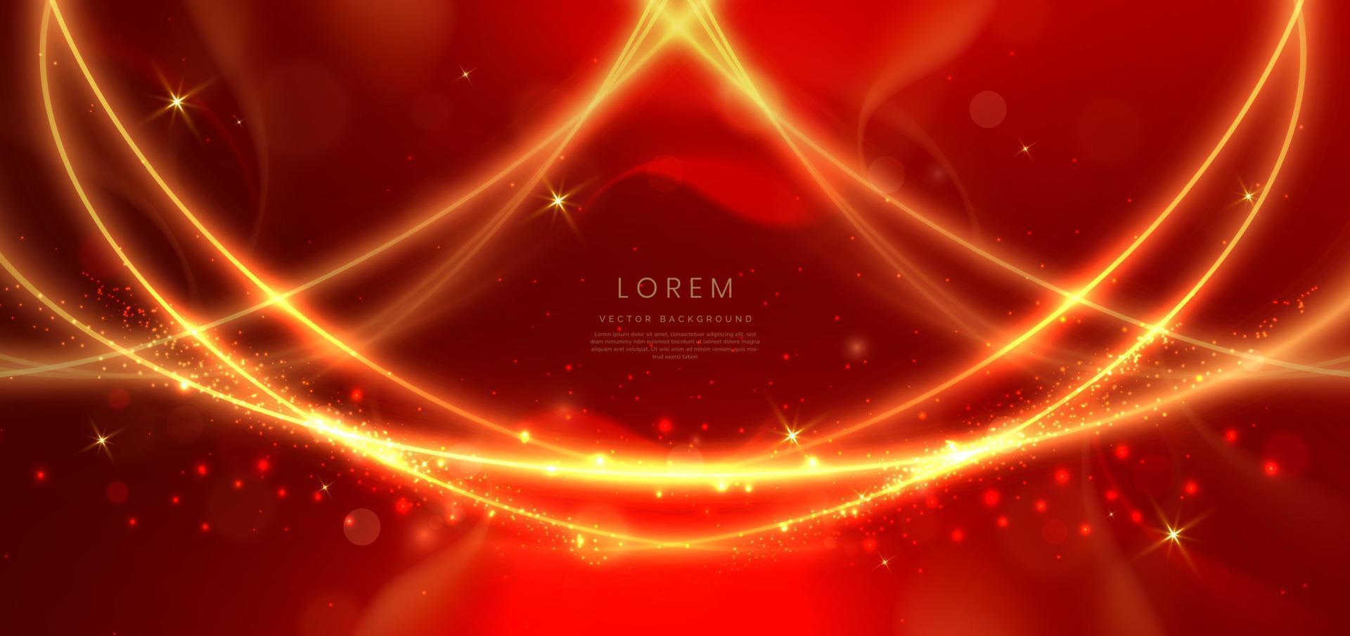 elegant rot Hintergrund mit glühend Gold gebogen Linien und Beleuchtung bewirken und funkeln mit Kopieren Raum zum Text. Luxus Design Stil. vektor