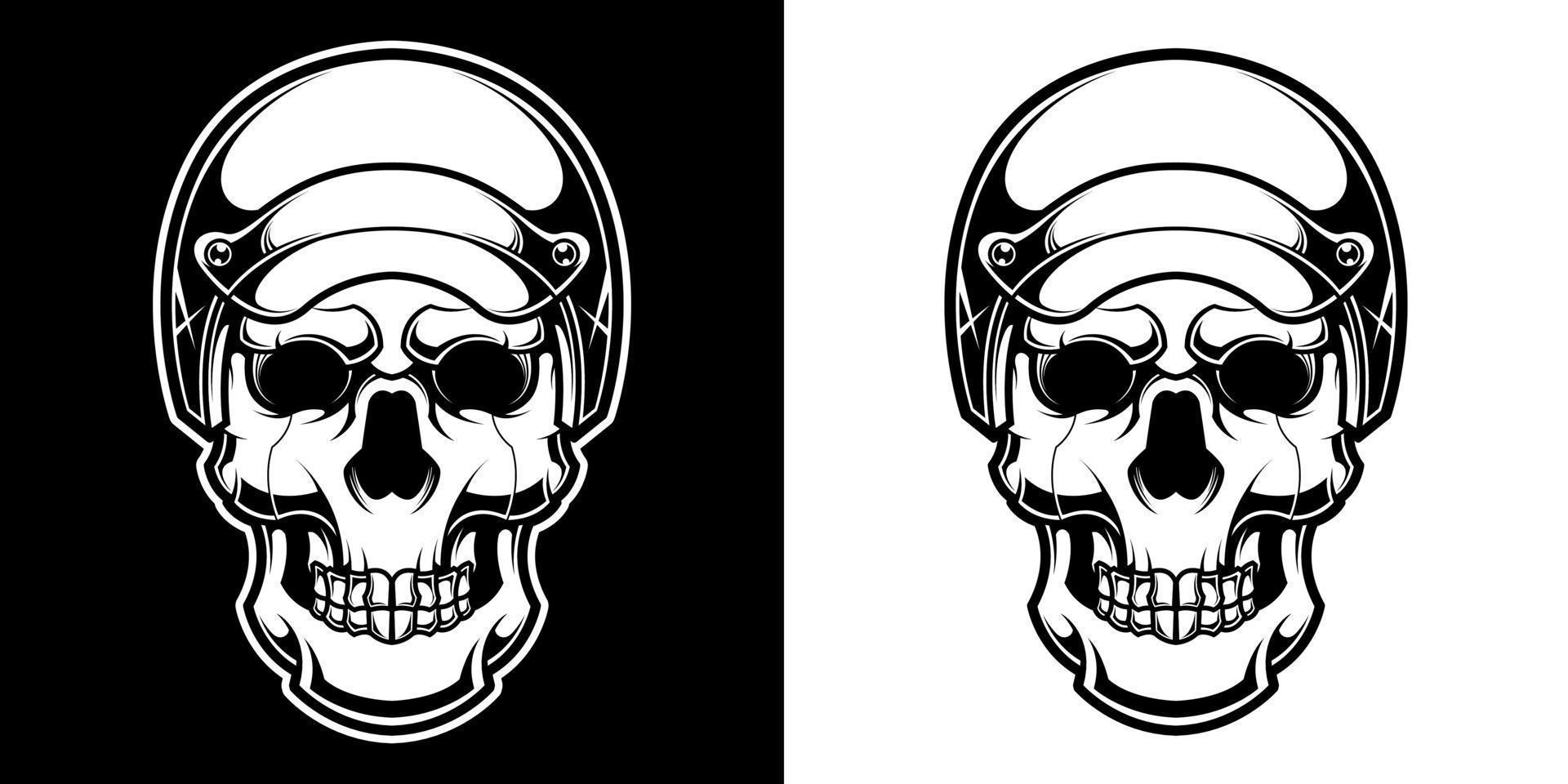Schädel im Motorrad Helm im schwarz und Weiß Jahrgang einfarbig Stil isoliert Vektor Illustration
