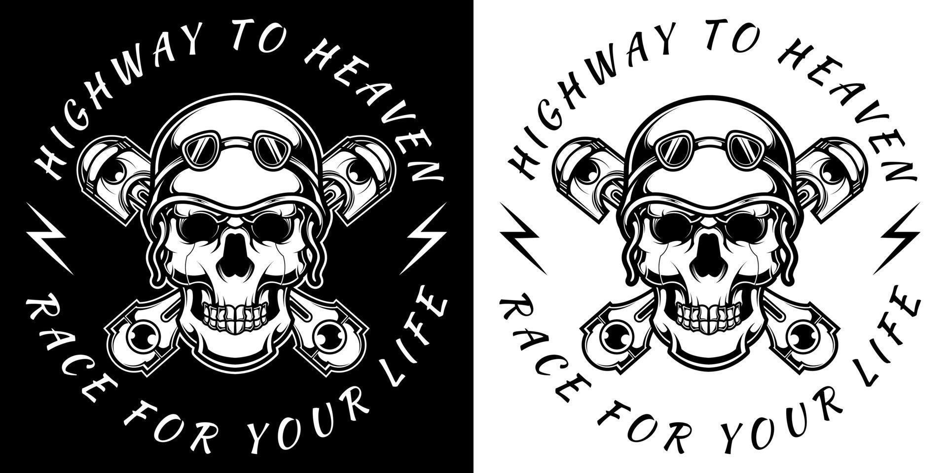 Schädel im Motorrad Helm und Brille im schwarz und Weiß Jahrgang einfarbig Stil isoliert Vektor Illustration