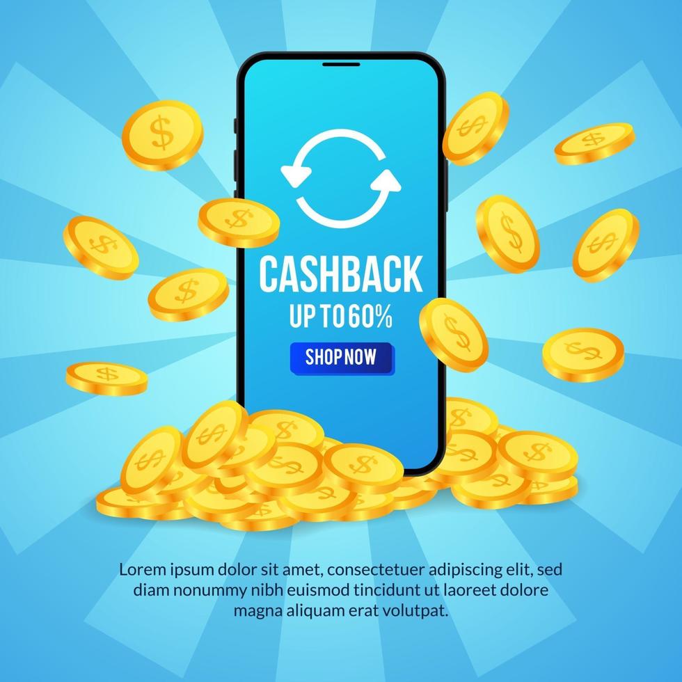 cashback-marknadsföring för e-handelsplats med 3d-telefon och dollar gyllene mynt illustration koncept för banner reklamblad affisch vektor