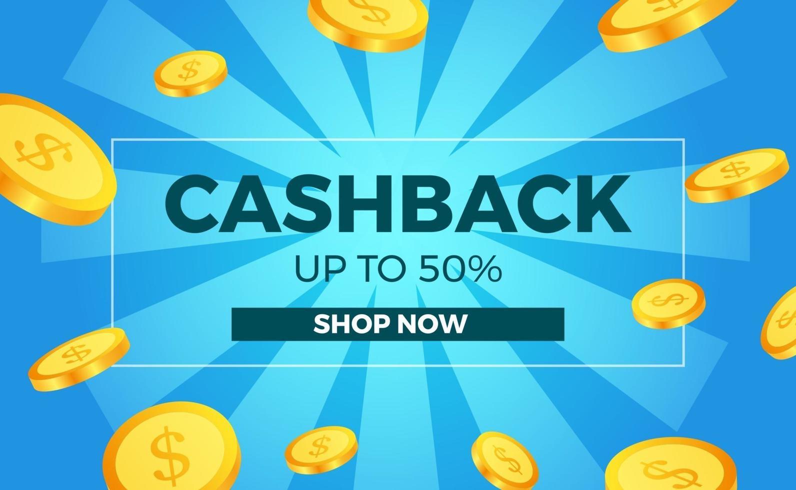 Goldmünzengeld für Cashback-Promotion für E-Commerce-Poster-Banner-Vorlage mit blauem Hintergrund vektor