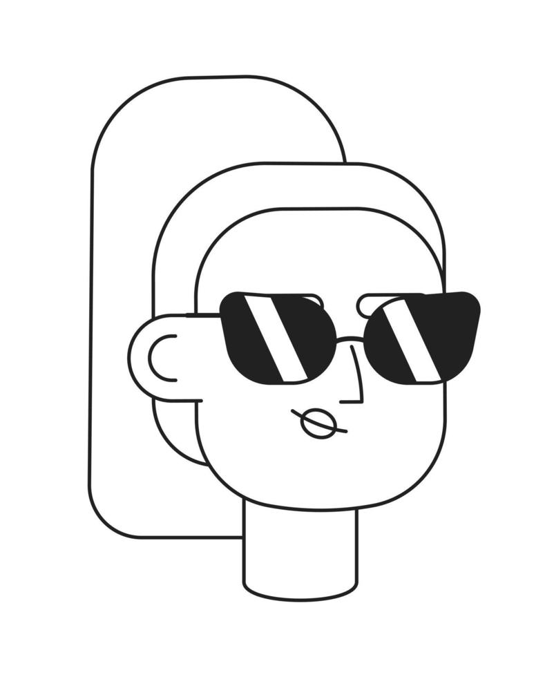 Häftigt ljus håriga flicka med solglasögon enfärgad platt vektor karaktär huvud. redigerbar svart vit tecknad serie ansikte känsla. hand dragen linjekonst bläck fläck illustration för webb grafisk design, animering