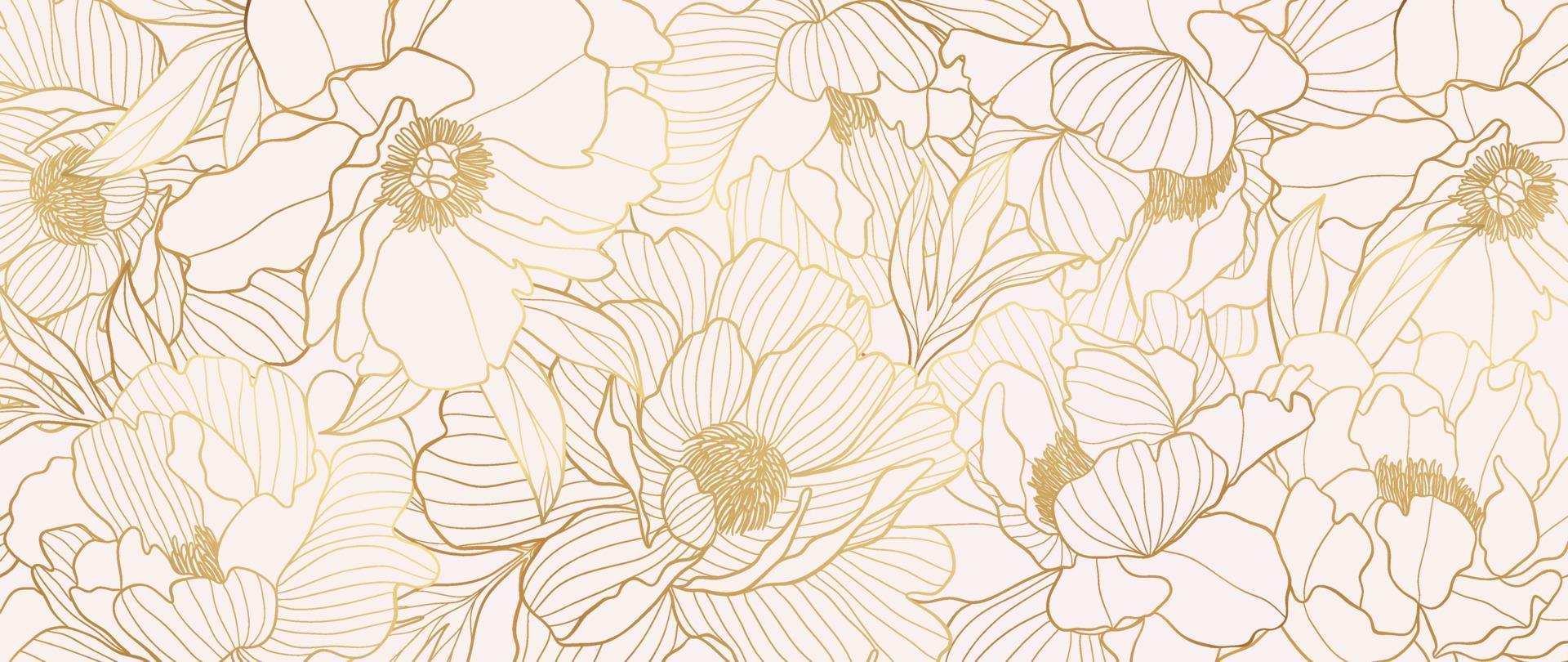 lyx guld pion blomma linje konst bakgrund vektor. naturlig botanisk elegant blomma med guld linje konst. design illustration för dekoration, vägg dekor, tapet, omslag, baner, affisch, kort. vektor