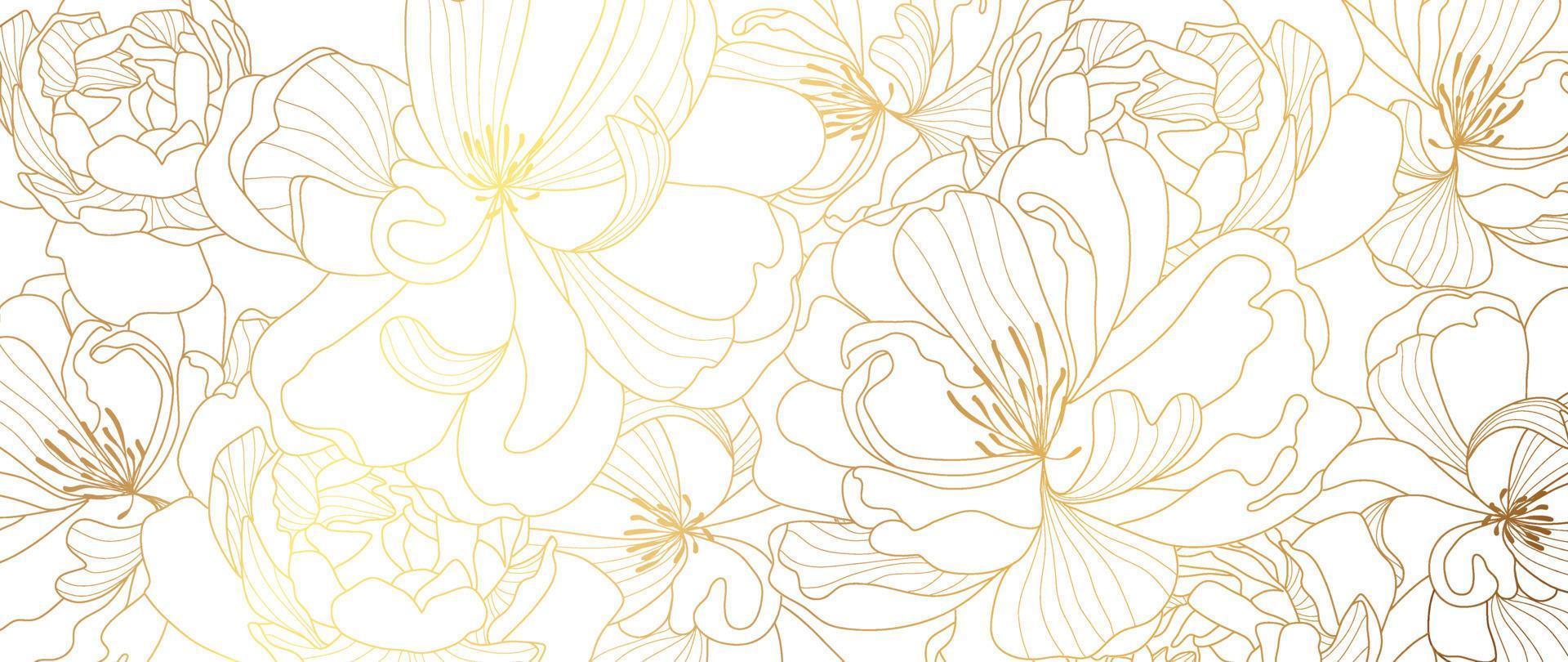Luxus Gold Wildblume Linie Kunst Hintergrund Vektor. natürlich botanisch elegant Blume mit Gold Linie Kunst. Design Illustration zum Dekoration, Mauer Dekor, Hintergrund, Abdeckung, Banner, Poster, Karte. vektor