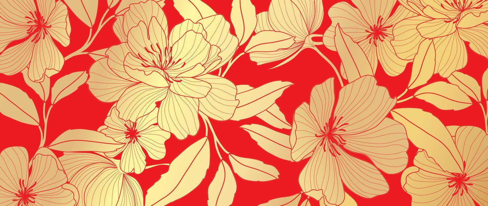 Luxus orientalisch Blume Hintergrund Vektor. elegant Wildblumen und Blätter golden Linie Kunst auf rot Hintergrund. Blumen- Muster Design Illustration zum Dekoration, Hintergrund, Poster, Banner, Karte. vektor