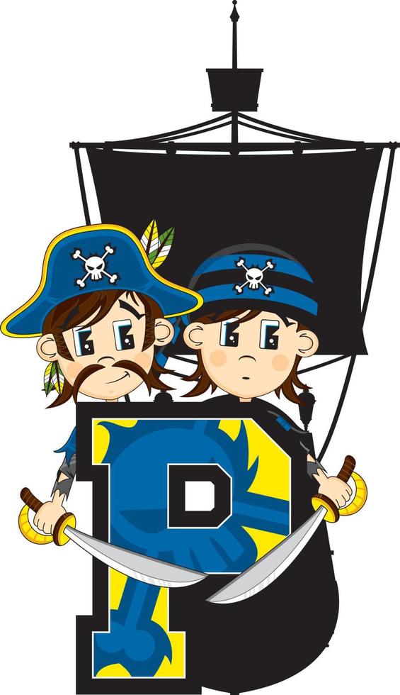 p ist zum Piraten mit Schiff Alphabet Lernen lehrreich Illustration vektor