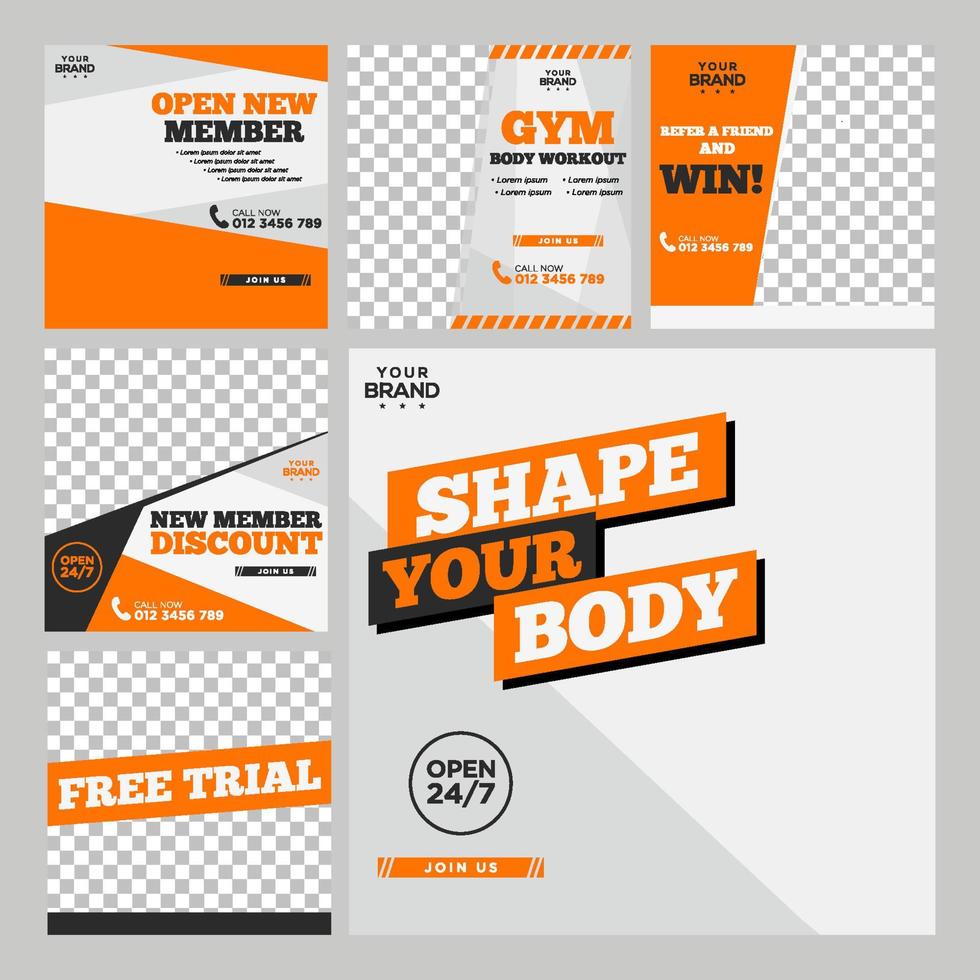 Fitnessstudio Sport Fitness Sozial Medien Post Pack Design Vorlage Prämie Vektor