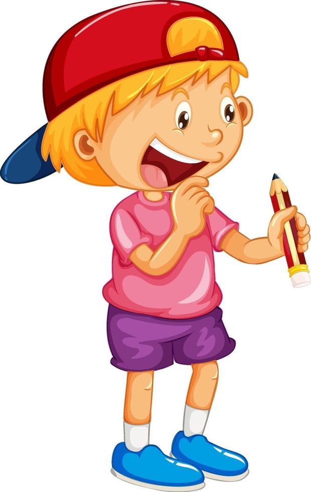 glückliche junge Zeichentrickfigur, die einen Bleistift hält vektor