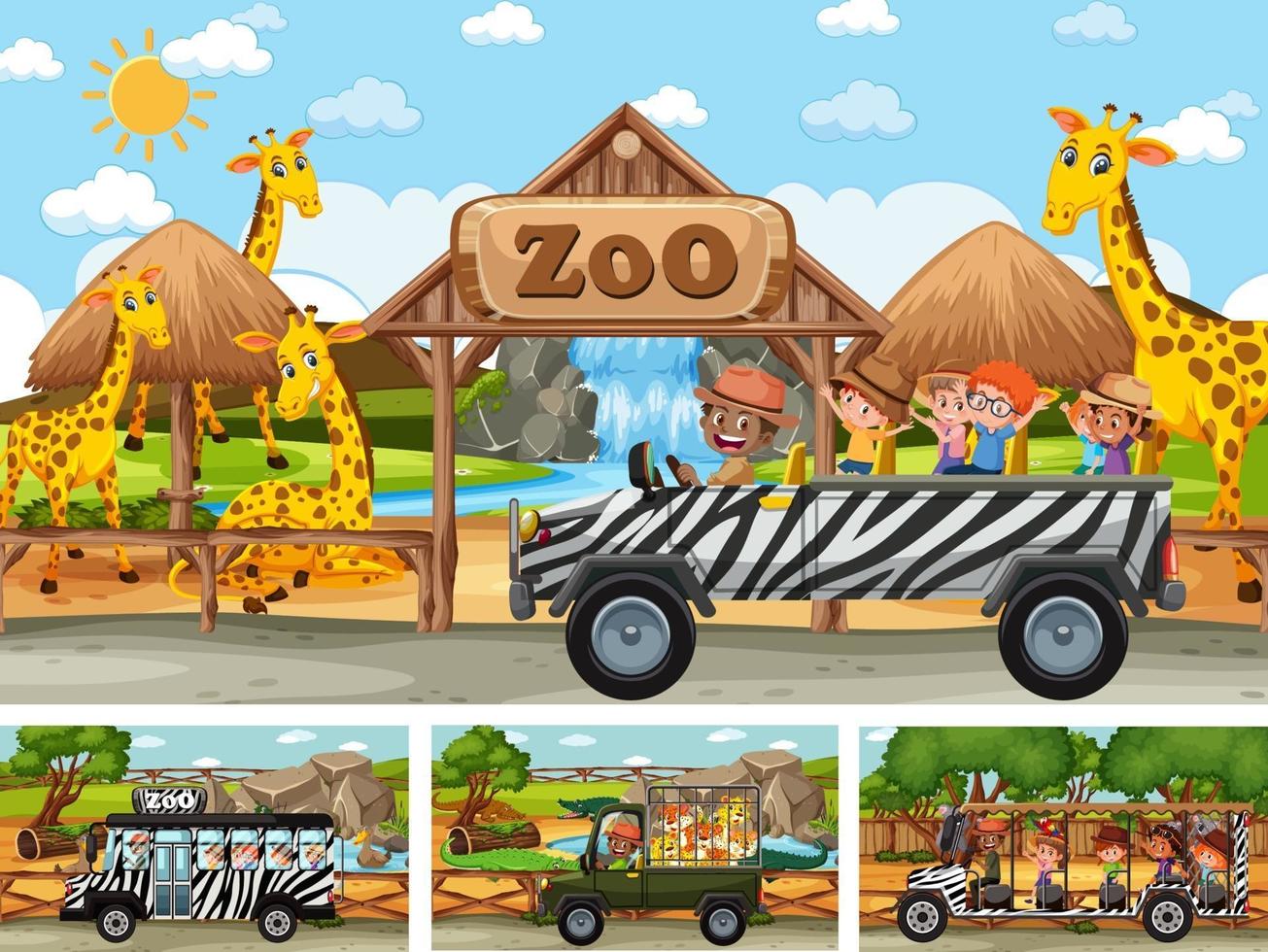 uppsättning olika safari scener med djur och barn seriefigur vektor