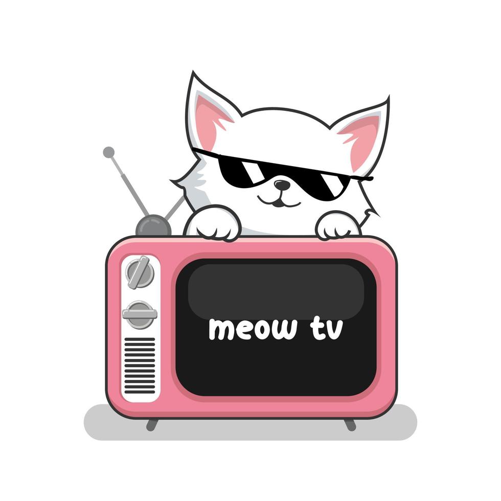 Katze und alt Fernseher Karikatur - - süß Weiß Muschi Katze über Fernsehen Vektor Sonnenbrille