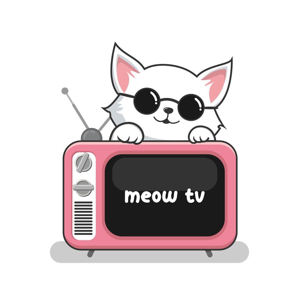 Katze und alt Fernseher - - süß Weiß Muschi Katze über Fernsehen Illustration mit runden Brille vektor