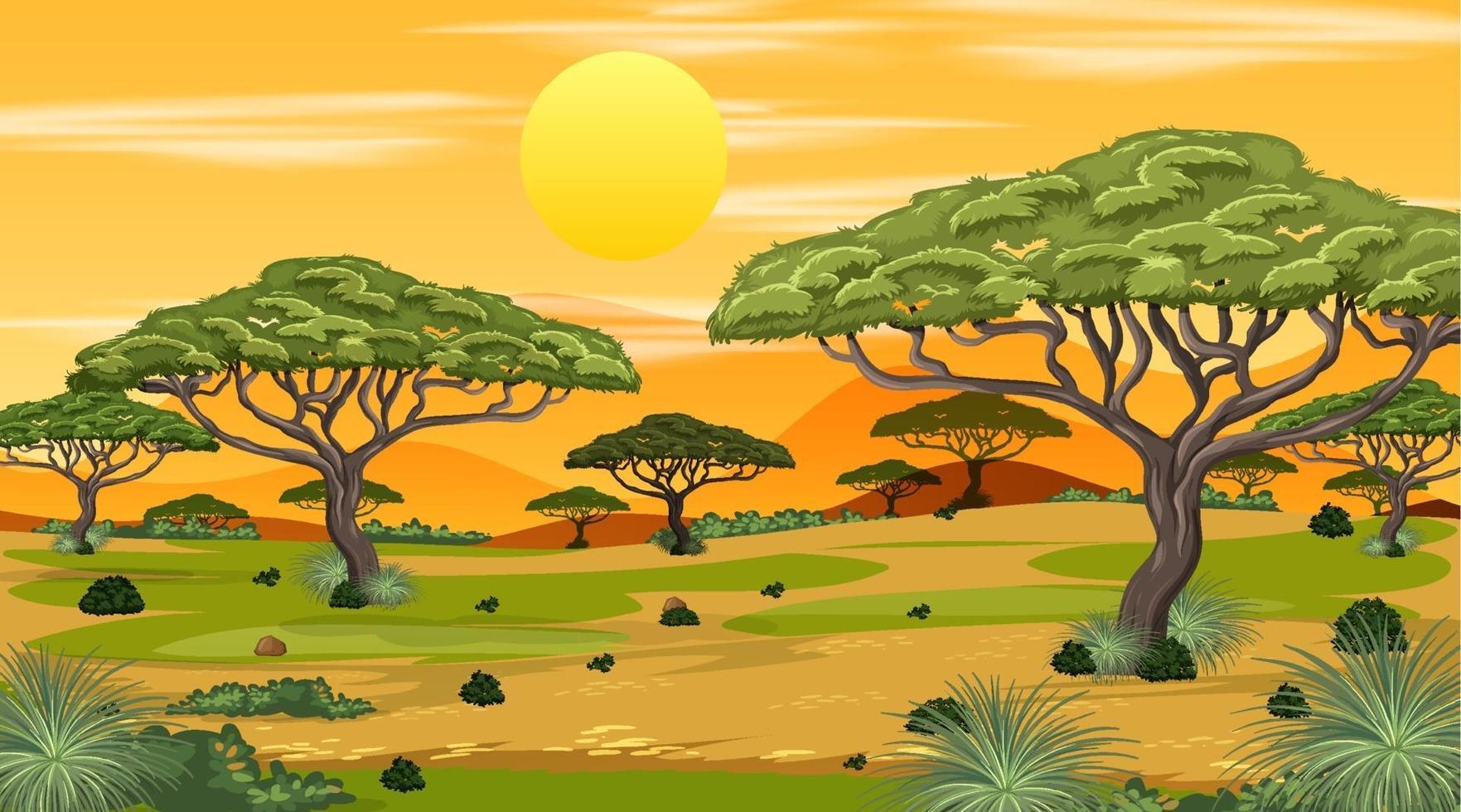 afrikanische Savannenwaldlandschaftsszene bei Sonnenuntergang vektor