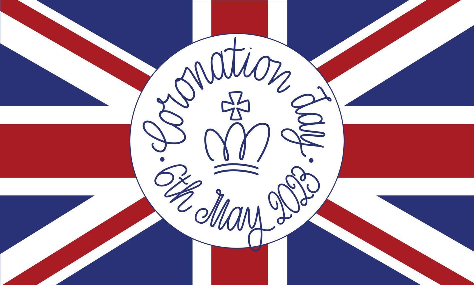 König Krönung Tag Poster mit Krone und Vereinigtes Königreich Flagge. handgeschrieben Kalligraphie mit königlich Symbol Vektor Illustration. Feier Neu Monarch Zeremonie Urlaub.