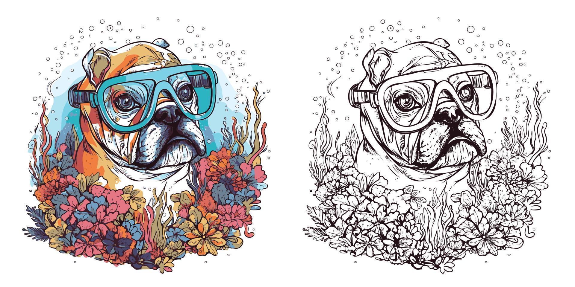 en bulldogg med glasögon snorkling i de hav omgiven.illustration av t-shirt design vektor