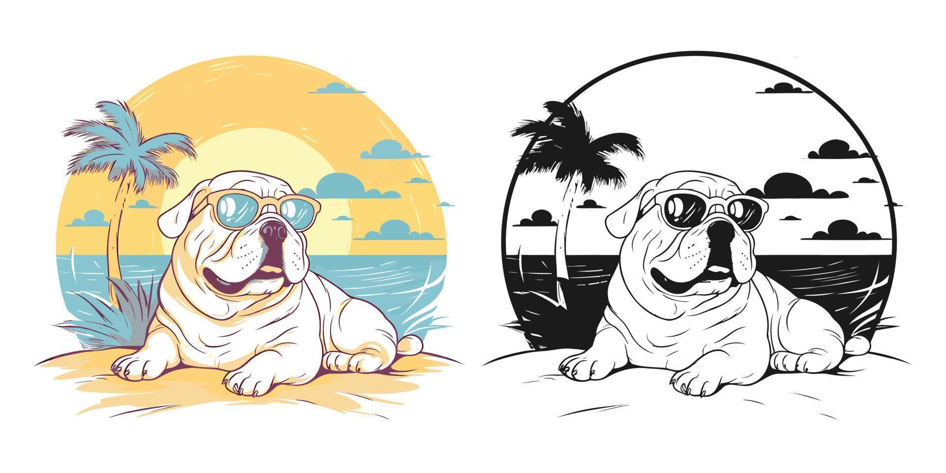 visualisieren ein glücklich Bulldogge faulenzen auf ein tropisch strand.illustration von T-Shirt Design vektor