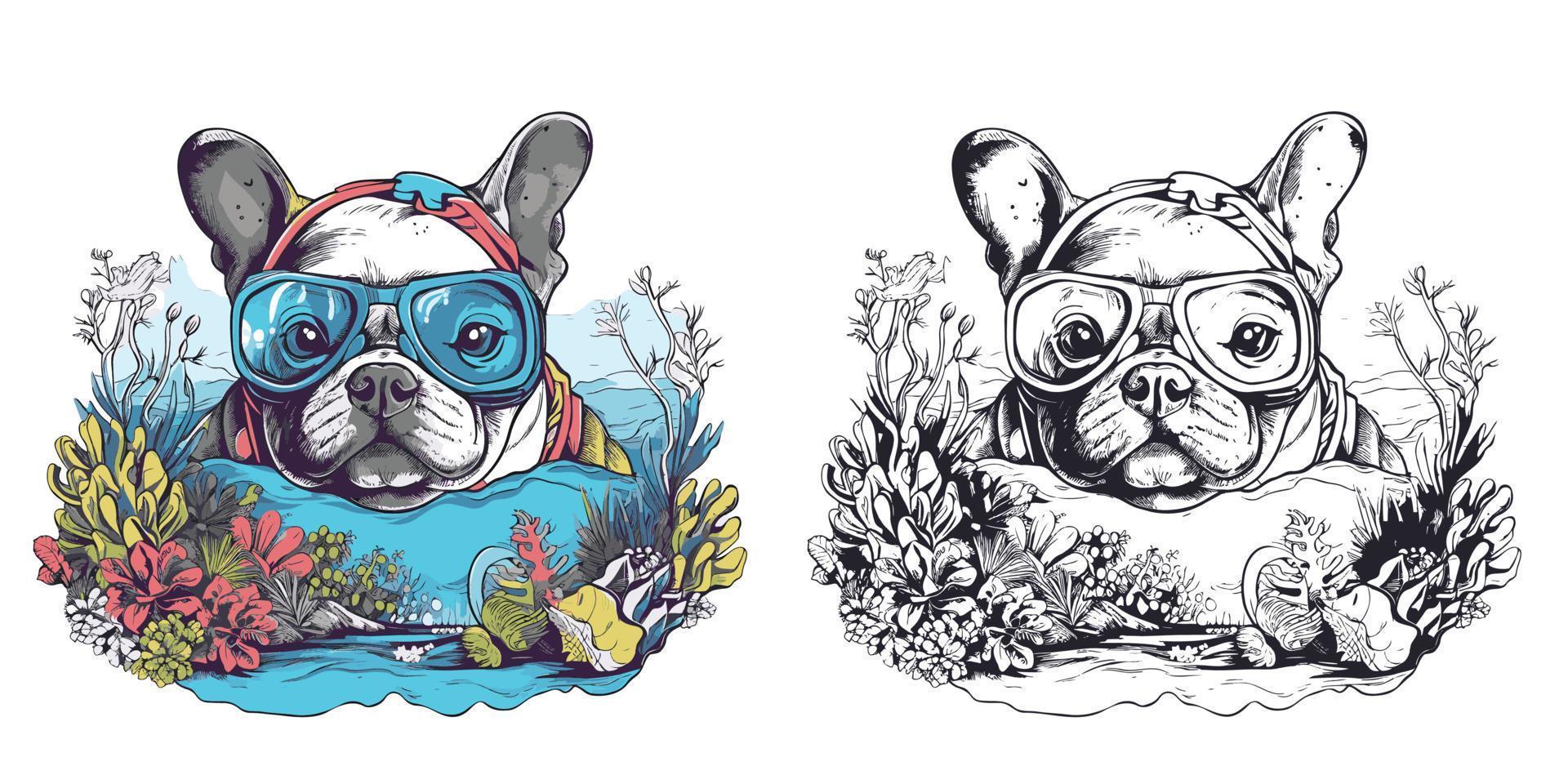 ein Bulldogge mit Brille Schnorcheln im das Ozean umgeben.illustration von T-Shirt Design vektor