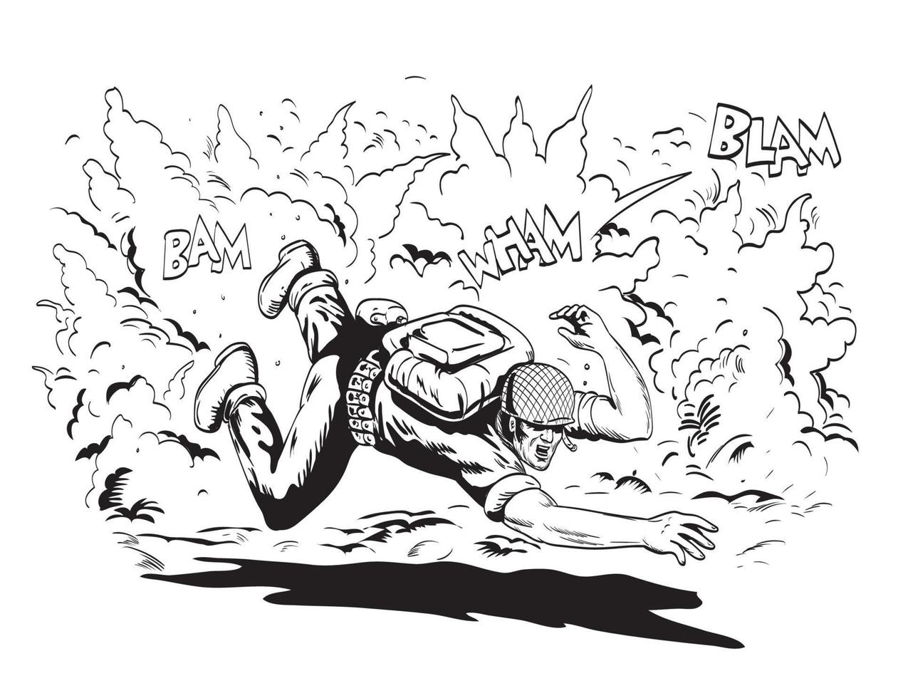 Welt Krieg zwei amerikanisch gi Soldat Tauchen zum Startseite im Explosion Comics Stil Zeichnung vektor