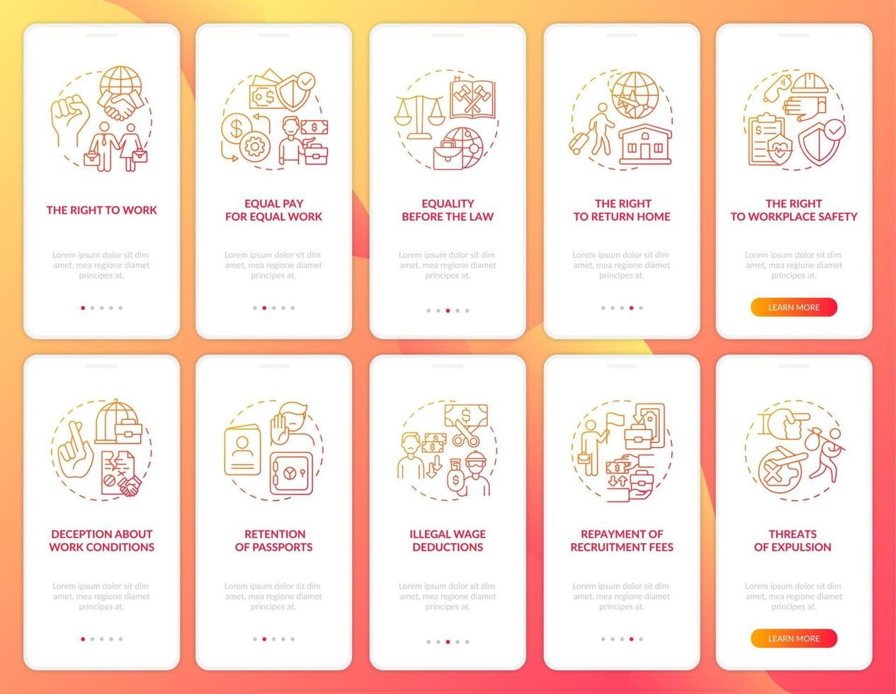 Arbeitsrechte für Wanderarbeitnehmer Red Onboarding Mobile App-Seitenbildschirm mit festgelegten Konzepten vektor