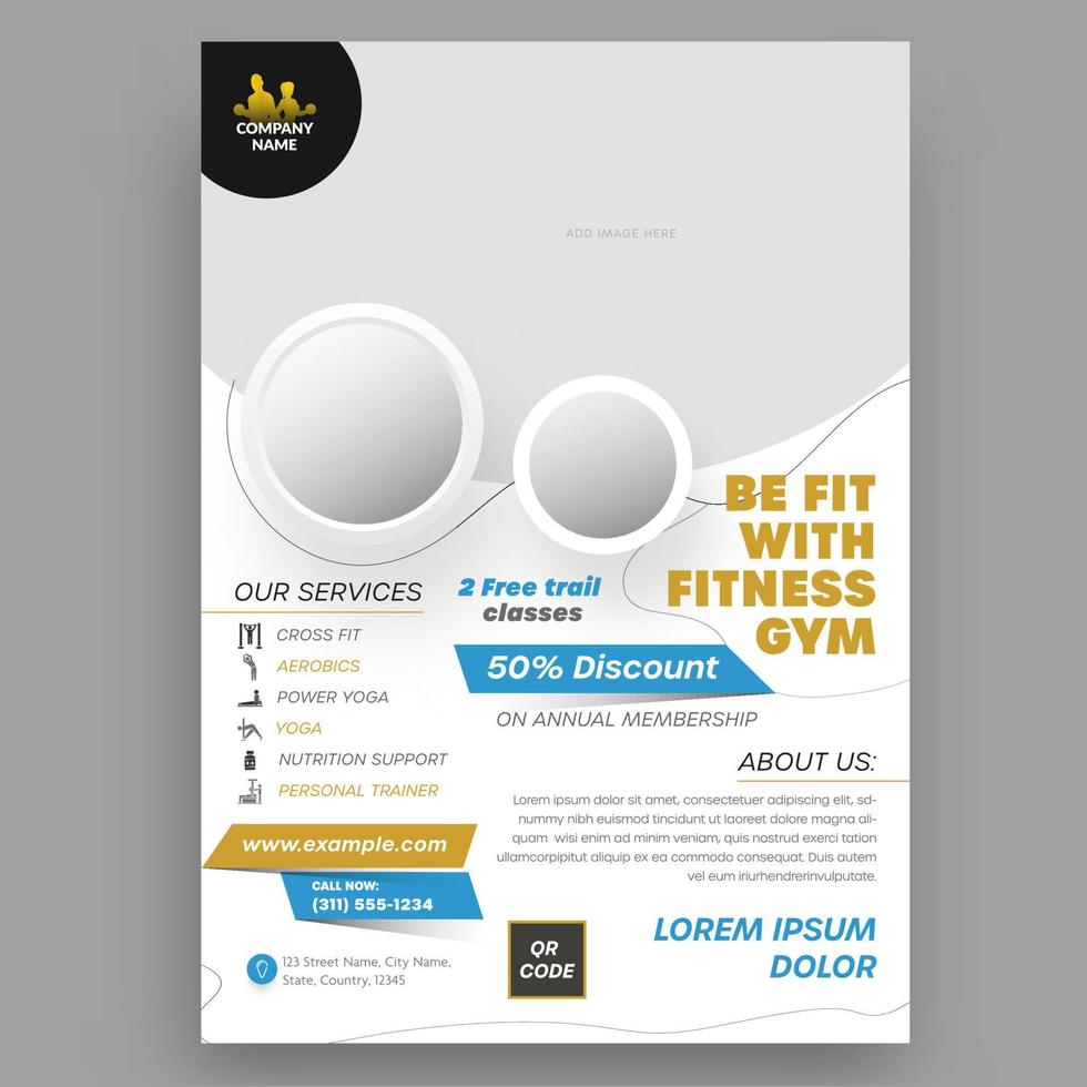 Fitness Fitnessstudio Flyer oder Vorlage, Broschüre Layout mit Rabatt Angebot und gegeben Dienstleistungen. vektor