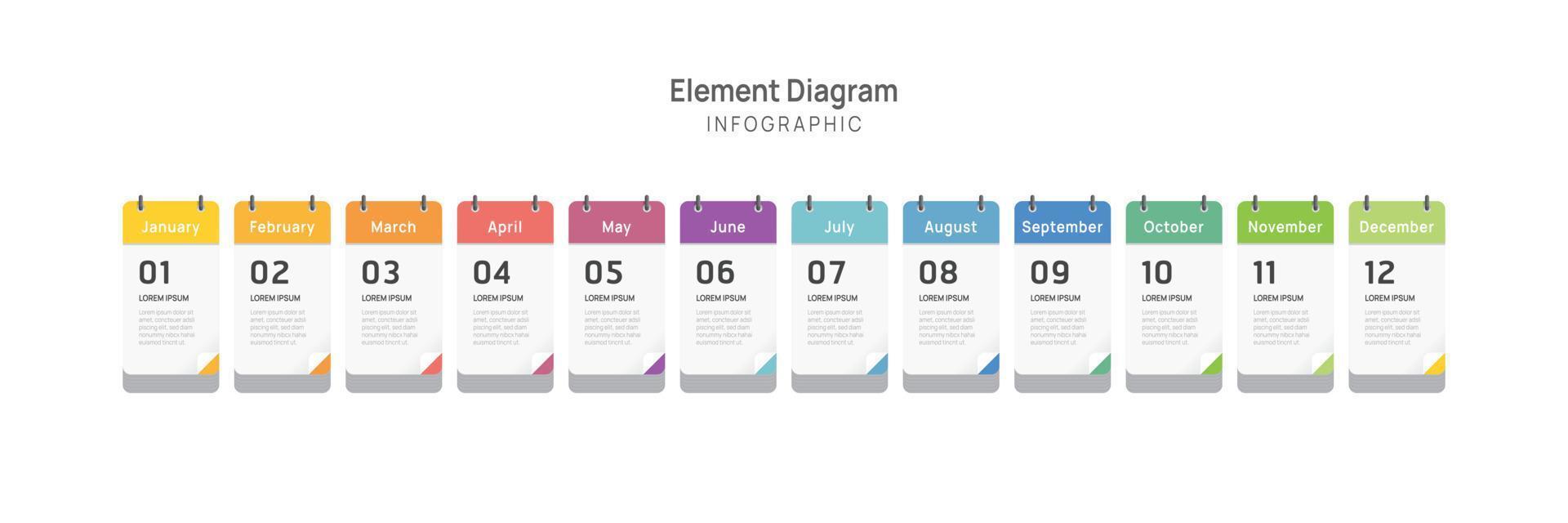 Agenda Infografik Vorlage zum Geschäft. 12 Monate modern Zeitleiste Element Diagramm Kalender, 4 Quartal Schritte Meilenstein Präsentation Vektor Infografik.