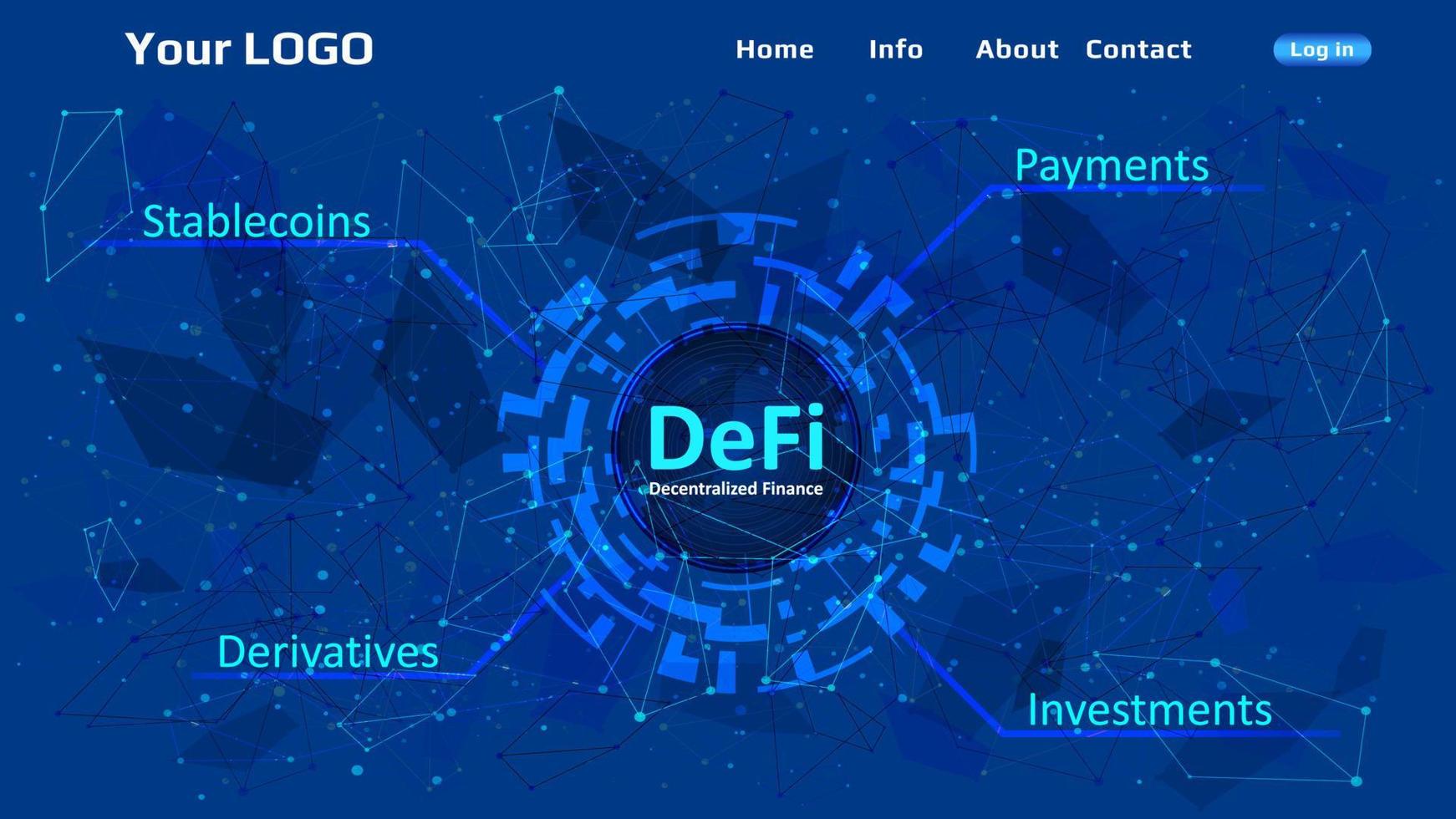 defi - decentraliserad finansiera hemsida mall på blå abstrakt polygonal bakgrund. hemsida rubrik layout. ekosystem av finansiell tillämpningar och tjänster. vektor eps10.