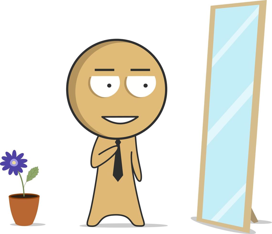 en tecknad serie av en man ser på en spegel och en blomma är i de bakgrund. vektor