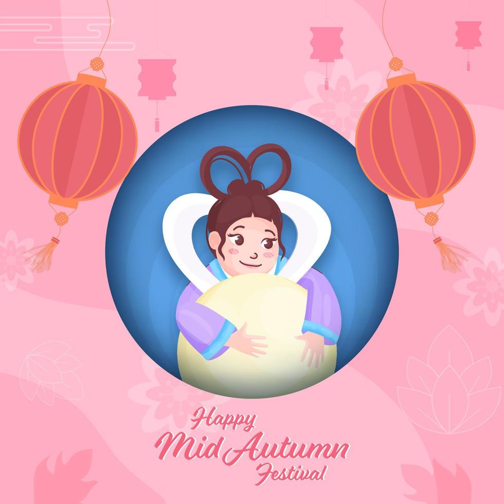 glücklich Mitte Herbst Festival Poster Design mit Chinesisch Göttin von Mond hängend Laternen dekoriert auf Rosa Papier Schnitt Kreis gestalten Hintergrund. vektor