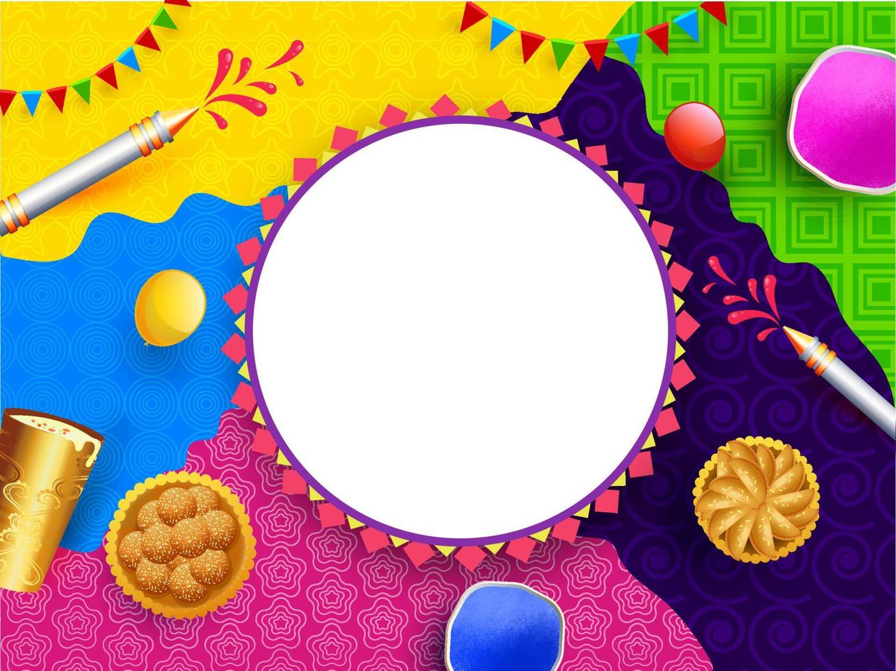 oben Aussicht von indisch Süßigkeiten mit trinken Glas, Farbe Pistole, Luftballons, Farbe Schalen und leeren kreisförmig Rahmen auf bunt abstrakt Muster Hintergrund. vektor