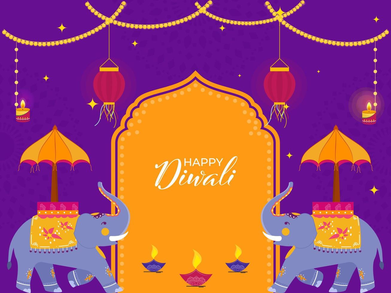 lila och gul bakgrund dekorerad med upplyst ljus, lyktor hänga, brinnande diya och två elefant illustration för diwali firande. vektor