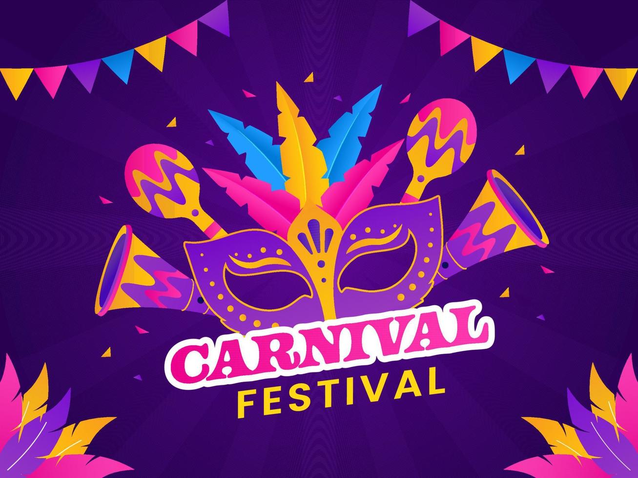 Karneval Festival Elemente dekoriert auf lila Strahlen Hintergrund mit Ammer Flaggen. vektor