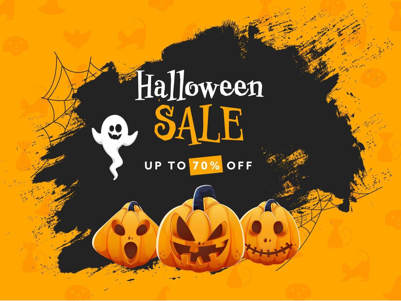 Halloween Verkauf Poster Design mit Rabatt Angebot, Kürbislaternen, Karikatur Geist und schwarz Bürste Grunge auf Orange Hintergrund. vektor