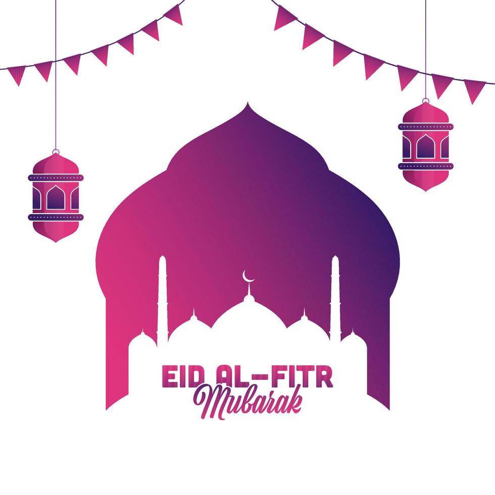 Arabisch islamisch eid al-fitr Mubarak, hängend Laternen, Ammer Flaggen und Moschee auf Weiß und lila Hintergrund. vektor