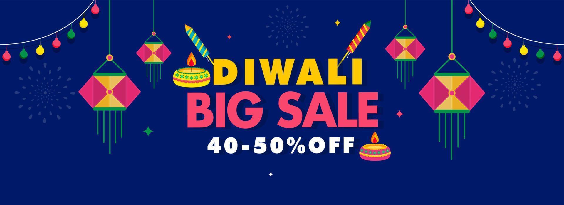 Diwali groß Verkauf Header oder Banner Design mit Rabatt Angebot, zündete Öl Lampen Raketen, hängend Laternen und Beleuchtung Girlande auf Blau Hintergrund. vektor