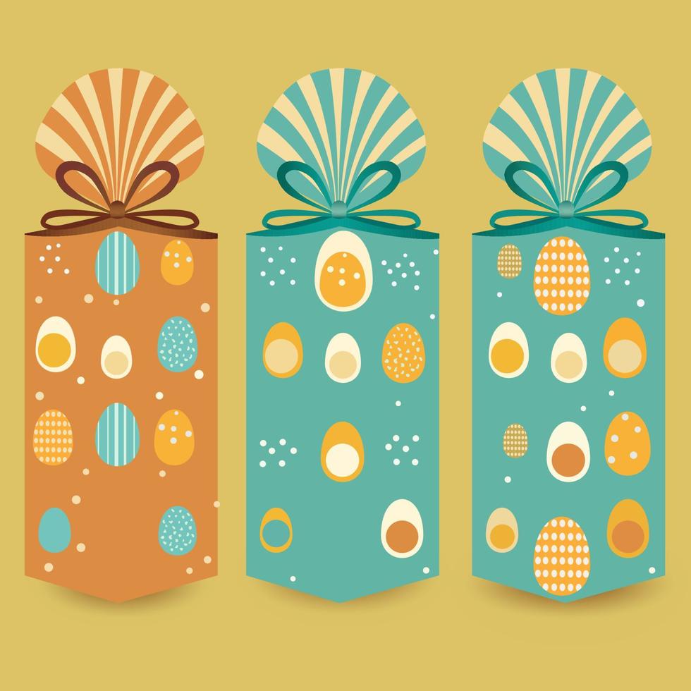 drei zylindrisch Geschenk Box Verpackung bunt Ostern Eier auf Olive Hintergrund. glücklich Ostern Tag Konzept. vektor