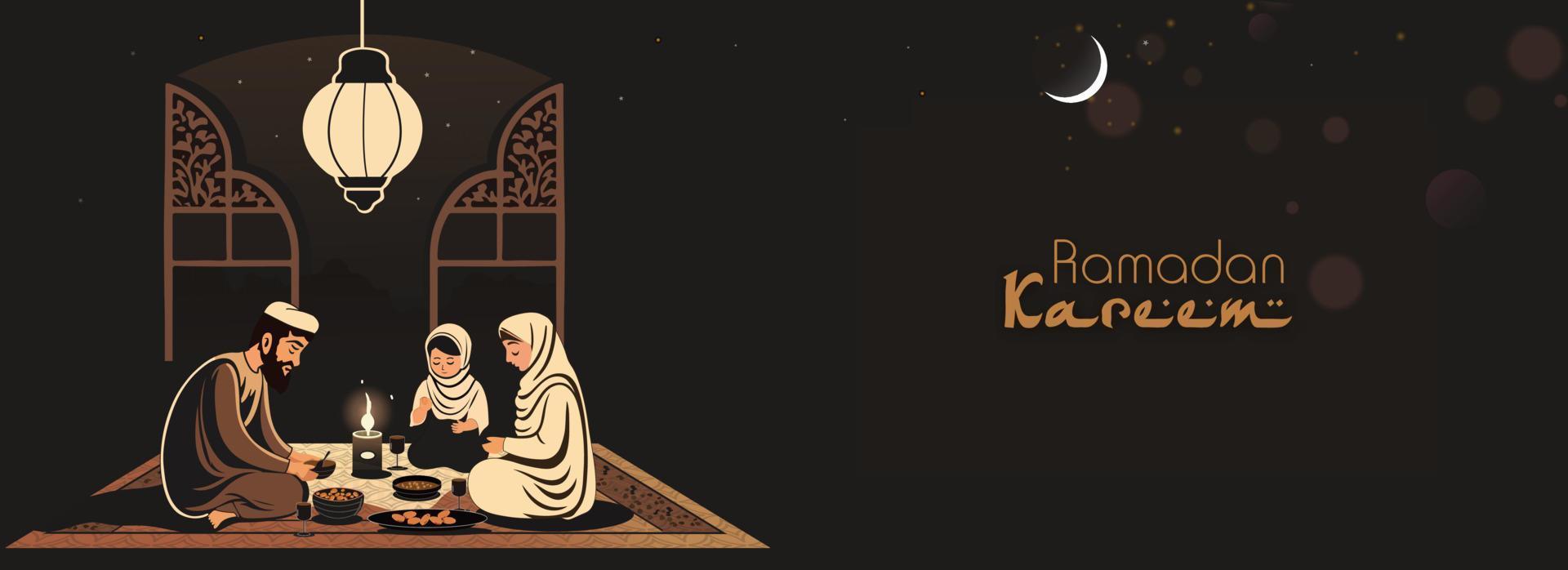 Ramadan kareem Banner Design mit Muslim Familie genießen köstlich Essen, beleuchtet Arabisch Lampe beim Nacht Zeit. vektor