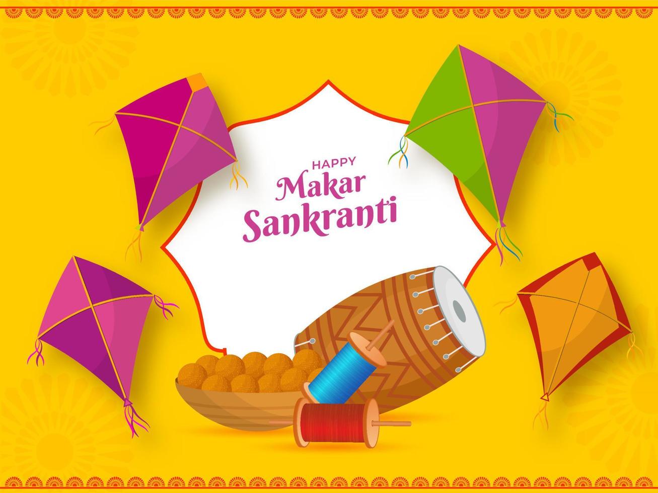 glücklich Makar Sankranti Konzept mit indisch süss, Zeichenfolge Spulen, Trommel und Drachen auf Weiß und Gelb Hintergrund. vektor