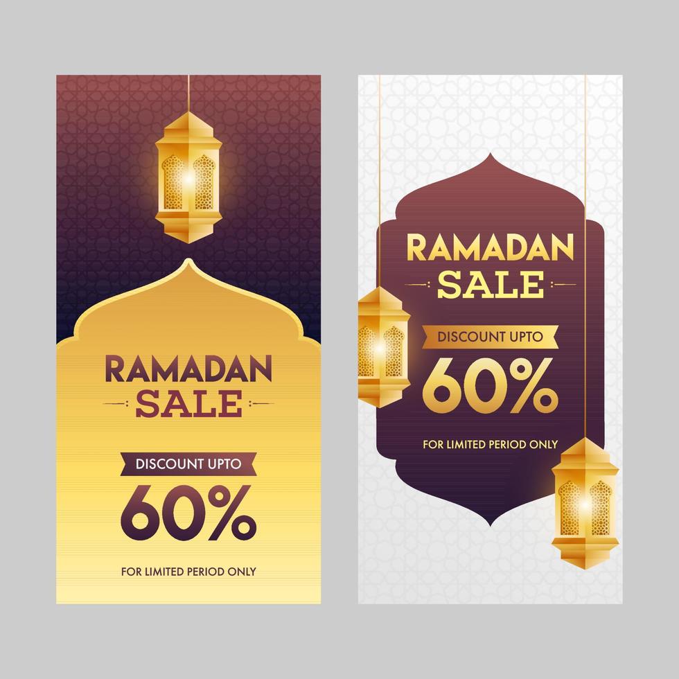 Ramadan Verkauf Vorlage oder Flyer Design mit Rabatt Angebot und hängend golden beleuchtet Laternen auf Arabisch Muster Hintergrund im zwei Farbe Möglichkeit. vektor