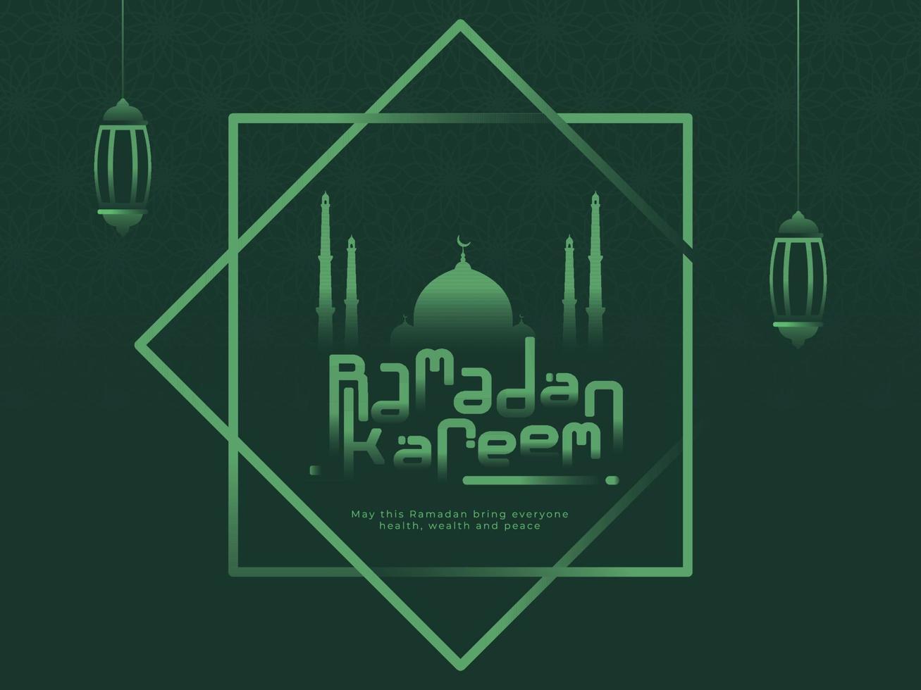 islamic helig månad av ramadan kareem begrepp med hängande lyktor, moské på grön bakgrund. vektor