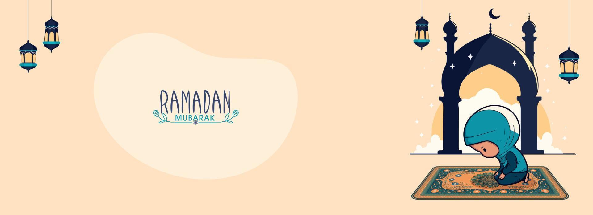 Ramadan Mubarak Banner Design mit Muslim Mädchen Angebot namaz auf Matte, Moschee und hängend Lampen dekoriert Pfirsich Hintergrund. vektor
