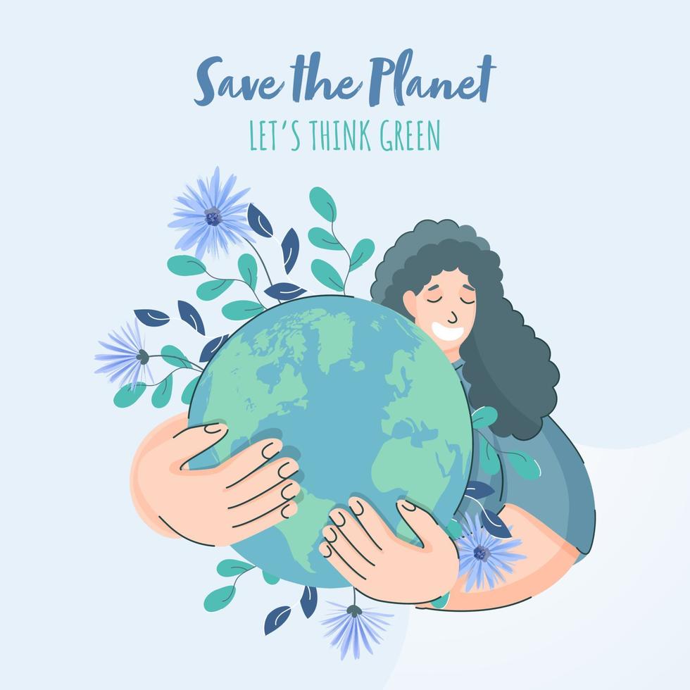 spara de planet tror grön begrepp med tecknad serie ung flicka kramas jord klot och blommig på ljus blå bakgrund. vektor