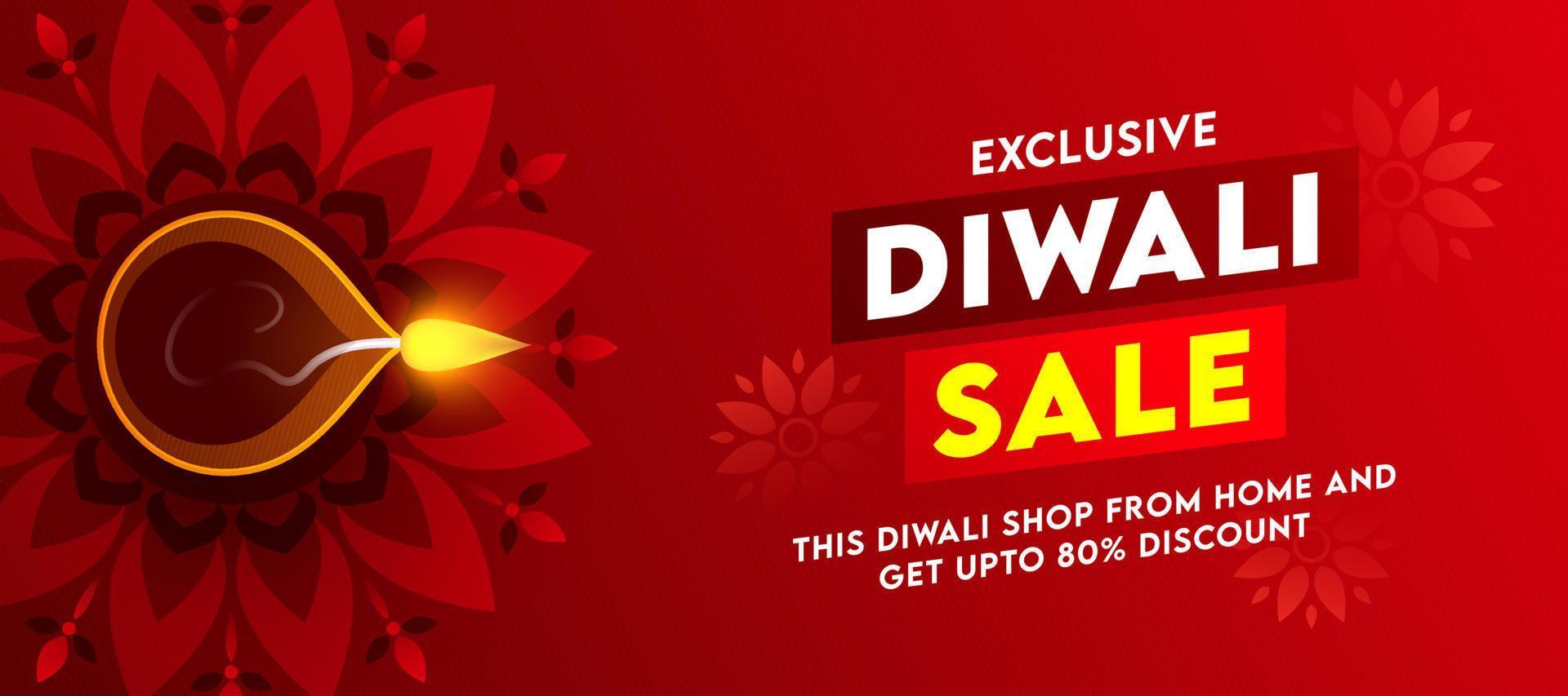 exklusiv diwali försäljning rubrik eller baner design med rabatt erbjudande och topp se belyst olja lampa på röd bakgrund. vektor