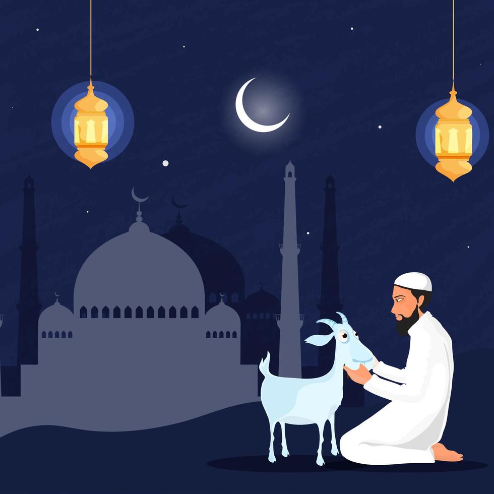 islamisch Mann beten Vor Qurbani von Ziege im Vorderseite von Moschee mit Halbmond Mond und hängend beleuchtet Laternen auf Blau Grunge Hintergrund. vektor