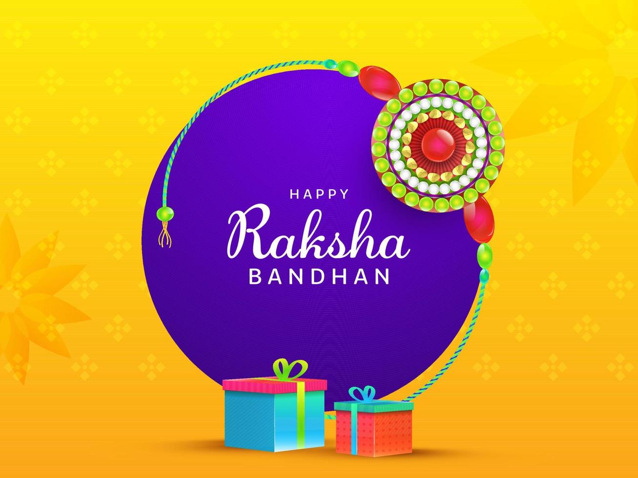 Lycklig Raksha bandhan font med runda pärla rakhi och gåva lådor på gul och lila bakgrund. vektor